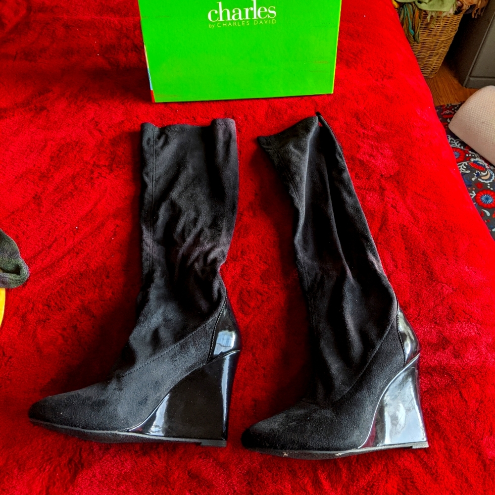 Charles David Wedge Knee High Suede Boots with Patent Leather Heel